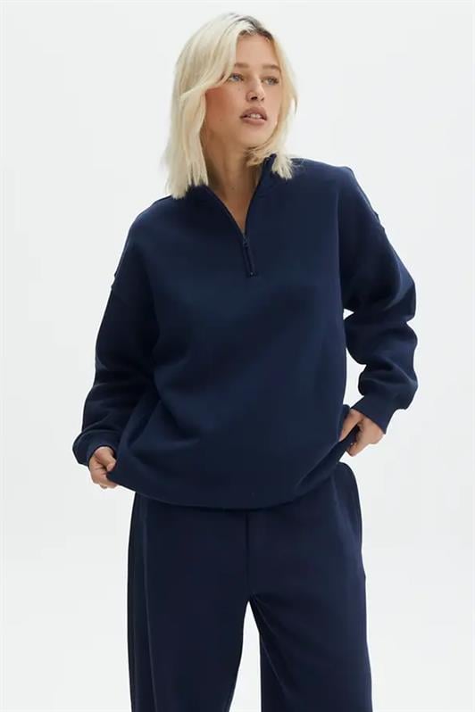 Lacivert Kadın Fermuar Detaylı Oversize Sweatshirt MG1933