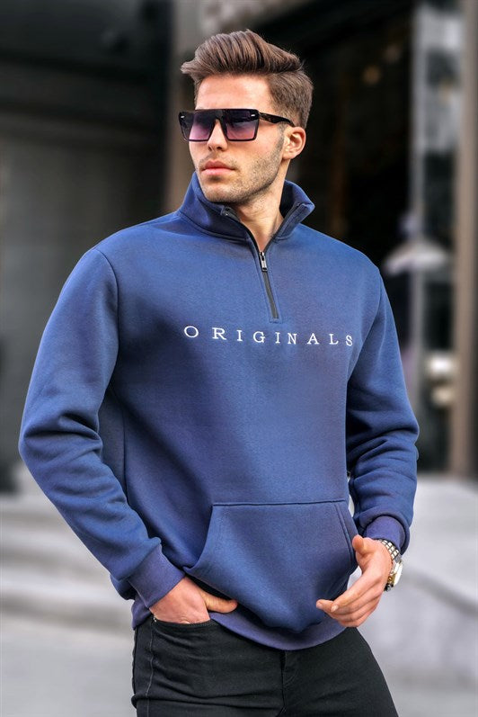 Lacivert Fermuar Yaka Nakışlı Erkek Sweatshirt 6028