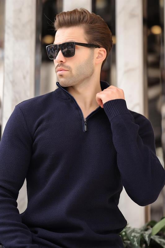 Lacivert Fermuar Yaka Uzun Kollu Örme Kazak 7286