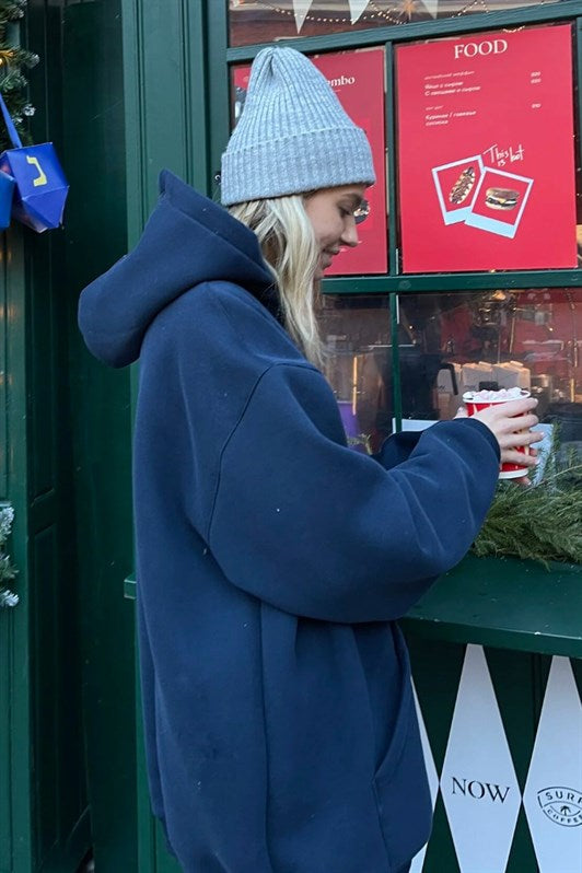 Lacivert Kapüşonlu Şardonlu Oversize Kadın Sweatshirt MG1566