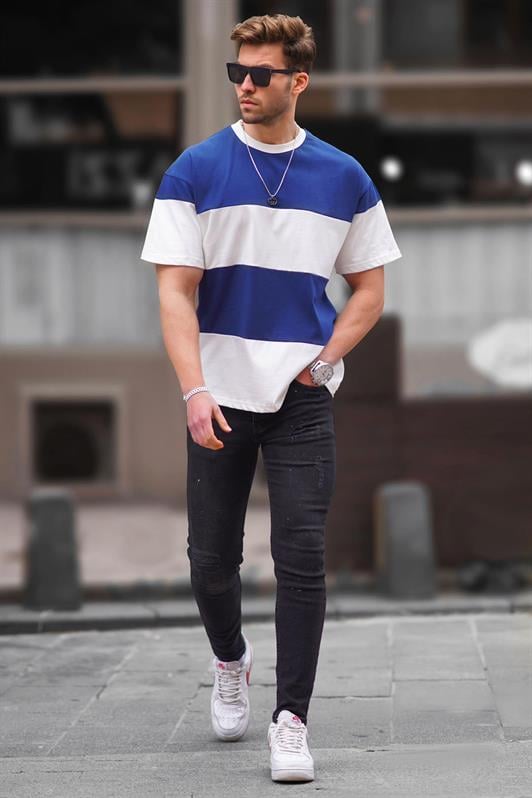 Lacivert Oversize Renk Bloklu Bisiklet Yaka Erkek Tişört 7020