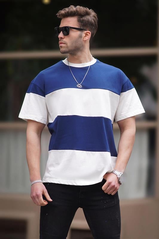 Lacivert Oversize Renk Bloklu Bisiklet Yaka Erkek Tişört 7020