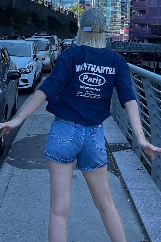 Lacivert Oversize Sırt Baskılı Bisiklet Yaka Kısa Kollu Kadın Tişört MG2127