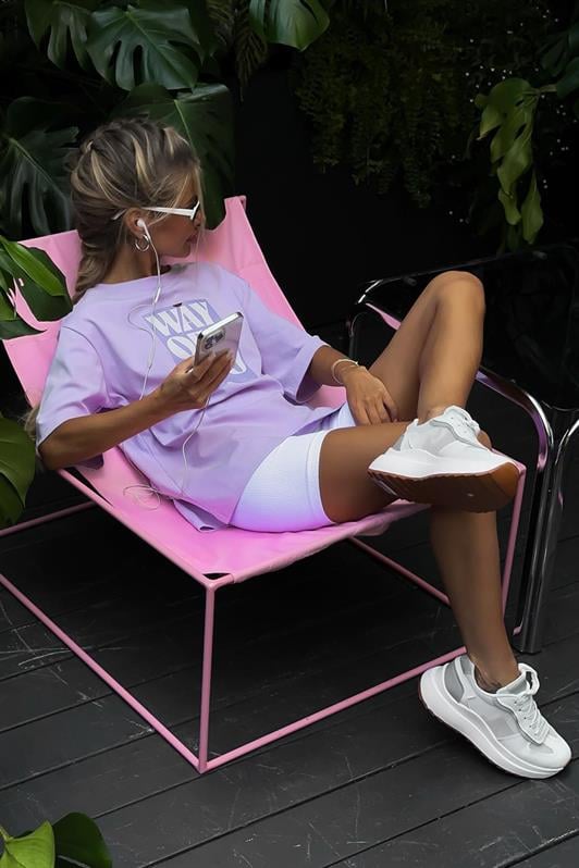 Lila Baskılı Bisiklet Yaka Overfit Kadın Tişört MG1999