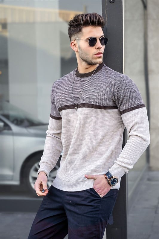 Kahverengi Renk Bloklu Erkek Kazak 4734