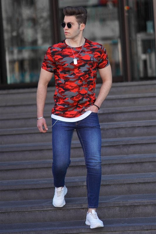 Kamuflaj Desenli Bordo Erkek Tişört 4480