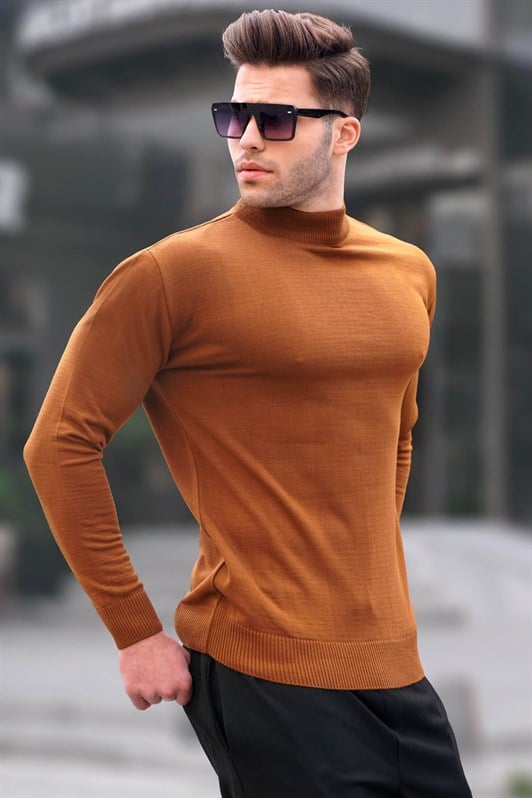 Koyu Hardal Slim Fit Yarım Balıkçı Yaka Erkek Triko Kazak 6343