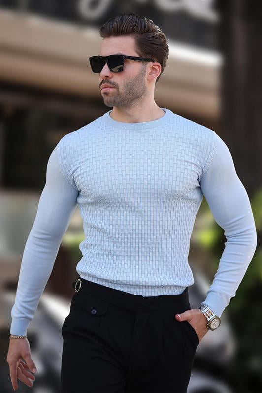 Mavi Desenli Erkek Triko Kazak 7266