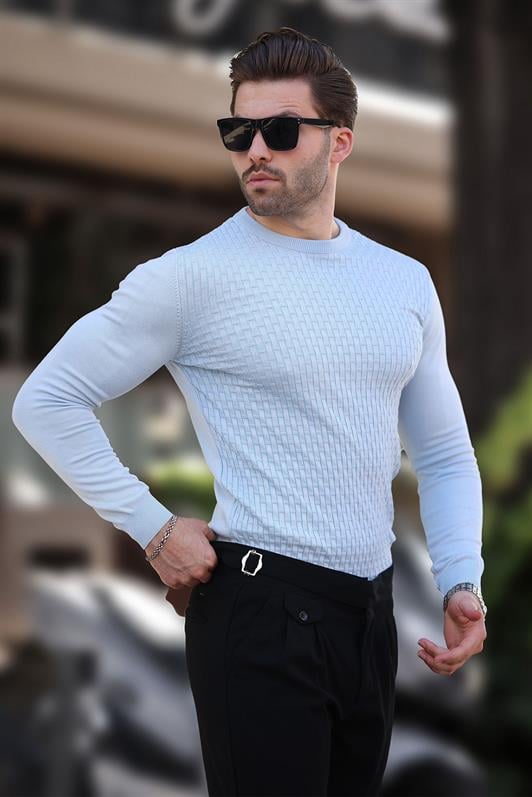 Mavi Desenli Erkek Triko Kazak 7266