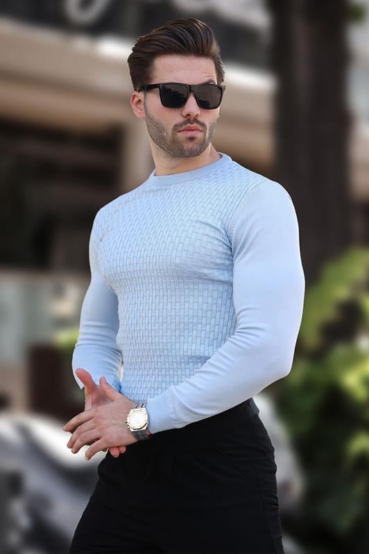 Mavi Desenli Erkek Triko Kazak 7266