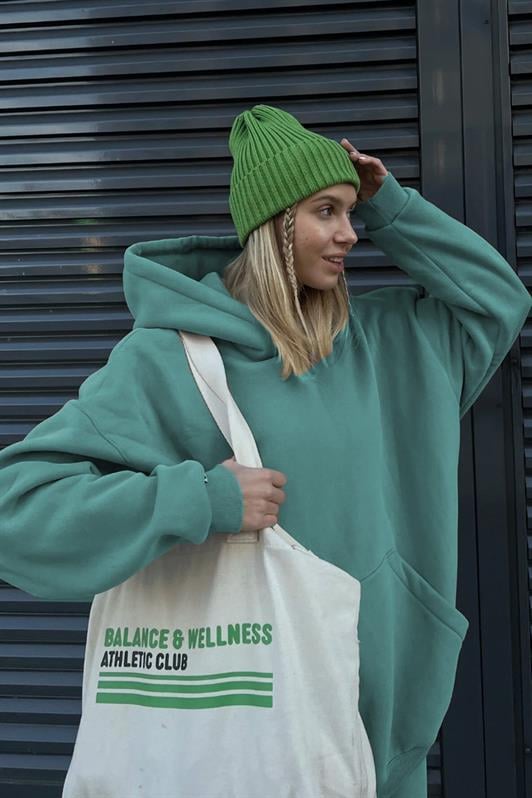 Mavi Kapüşonlu Şardonlu Oversize Kadın Sweatshirt MG1566