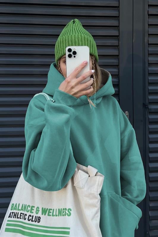 Mavi Kapüşonlu Şardonlu Oversize Kadın Sweatshirt MG1566