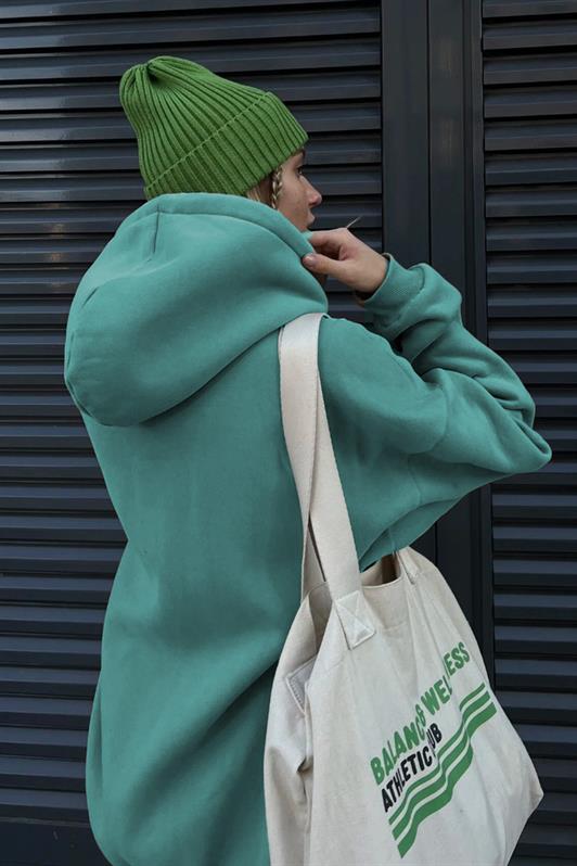 Mavi Kapüşonlu Şardonlu Oversize Kadın Sweatshirt MG1566