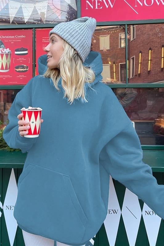 Mavi Kapüşonlu Şardonlu Oversize Kadın Sweatshirt MG1566