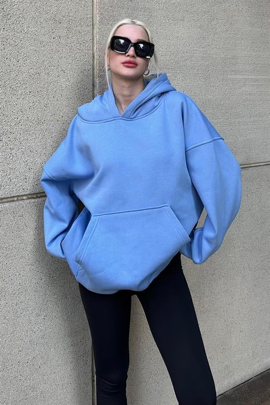 Mavi Kapüşonlu Şardonlu Oversize Kadın Sweatshirt MG1566