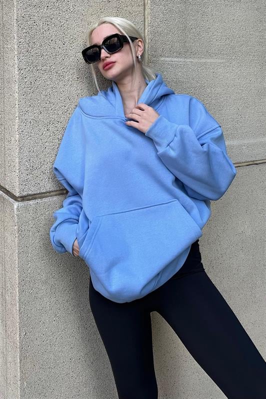 Mavi Kapüşonlu Şardonlu Oversize Kadın Sweatshirt MG1566
