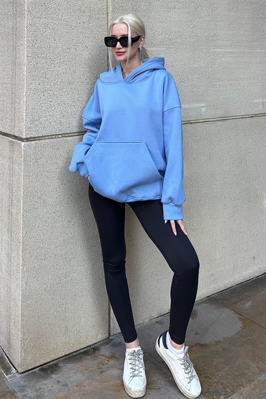 Mavi Kapüşonlu Şardonlu Oversize Kadın Sweatshirt MG1566