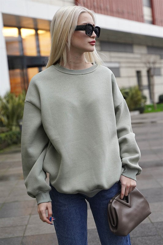 Mint Yeşili Bisiklet Yaka Basic Kadın Sweatshirt MG1559