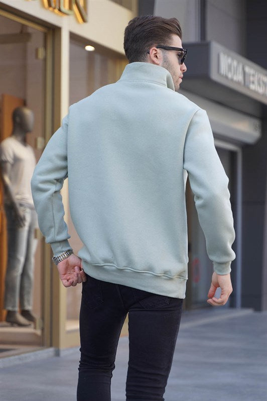 Mint Yeşili Fermuar Yaka Nakışlı Erkek Sweatshirt 6028