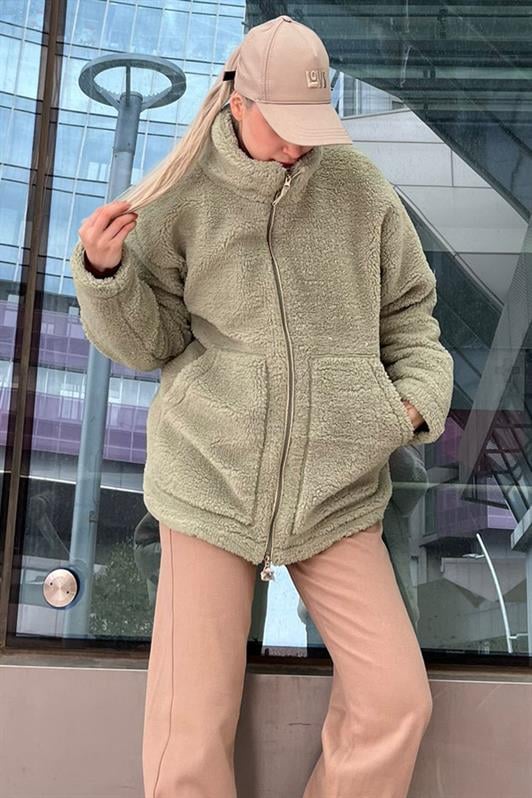 Mint Yeşili Yüksek Yakalı Cepli Kadın Peluş Mont MG1948