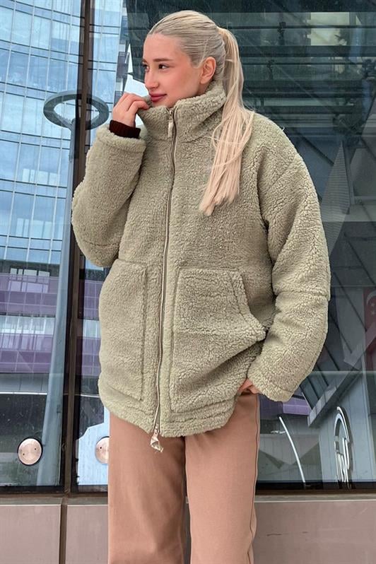 Mint Yeşili Yüksek Yakalı Cepli Kadın Peluş Mont MG1948