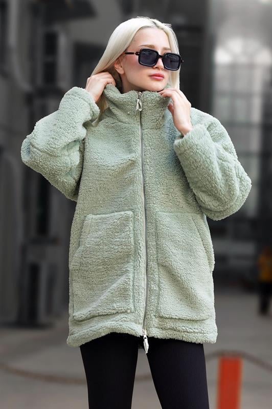 Mint Yeşili Yüksek Yakalı Cepli Kadın Peluş Mont MG1948