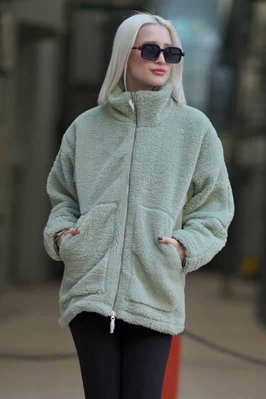 Mint Yeşili Yüksek Yakalı Cepli Kadın Peluş Mont MG1948