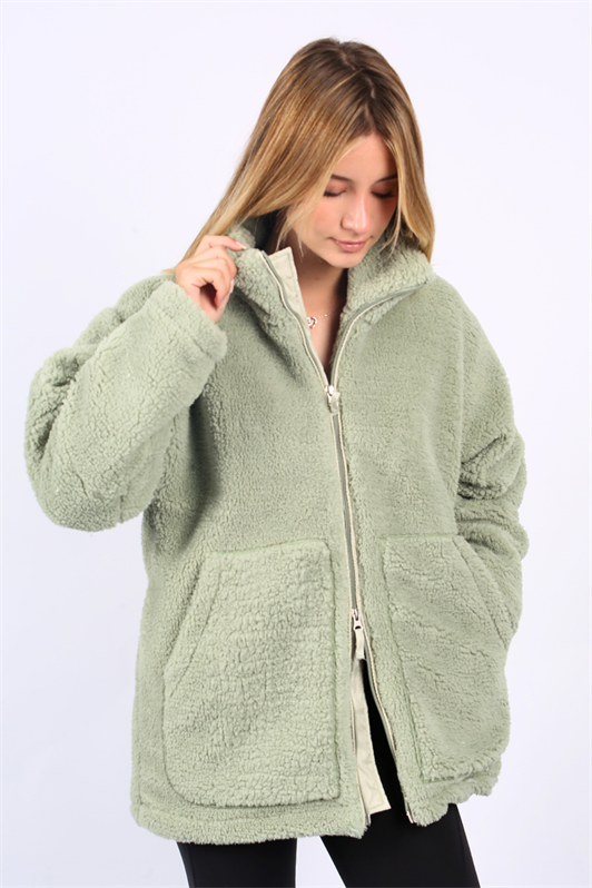 Mint Yeşili Yüksek Yakalı Cepli Kadın Peluş Mont MG1948