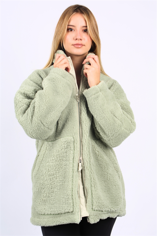Mint Yeşili Yüksek Yakalı Cepli Kadın Peluş Mont MG1948
