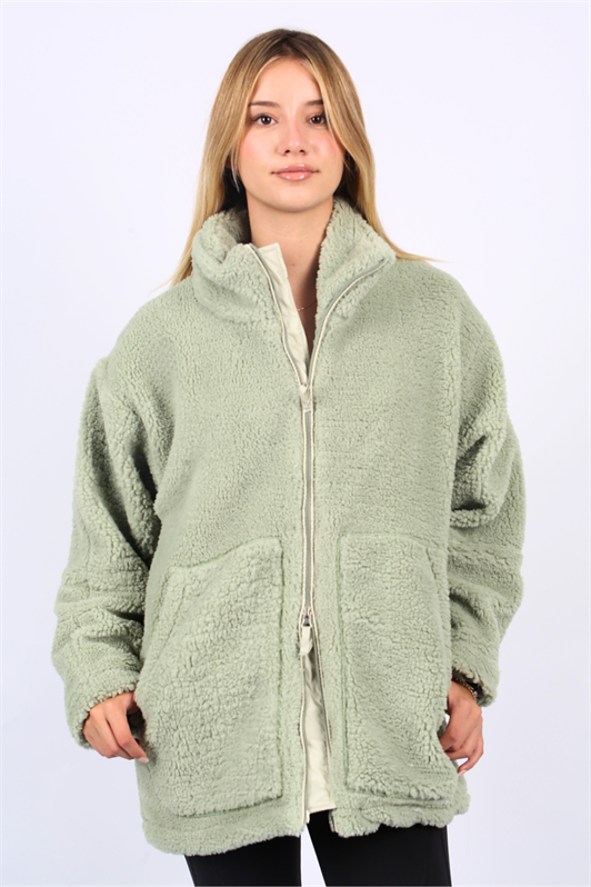 Mint Yeşili Yüksek Yakalı Cepli Kadın Peluş Mont MG1948