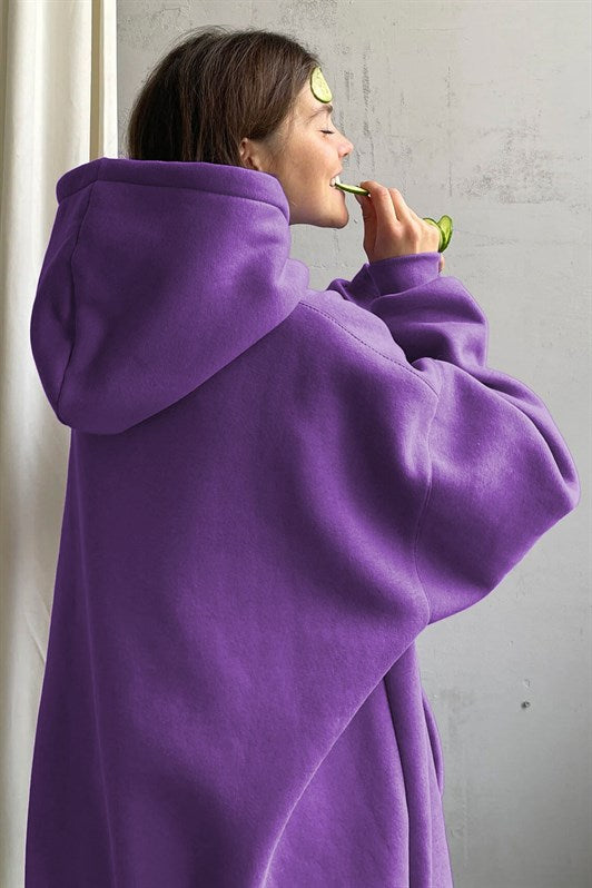 Mor Kapüşonlu Oversize Şardonlu Kadın Sweatshirt MG1566
