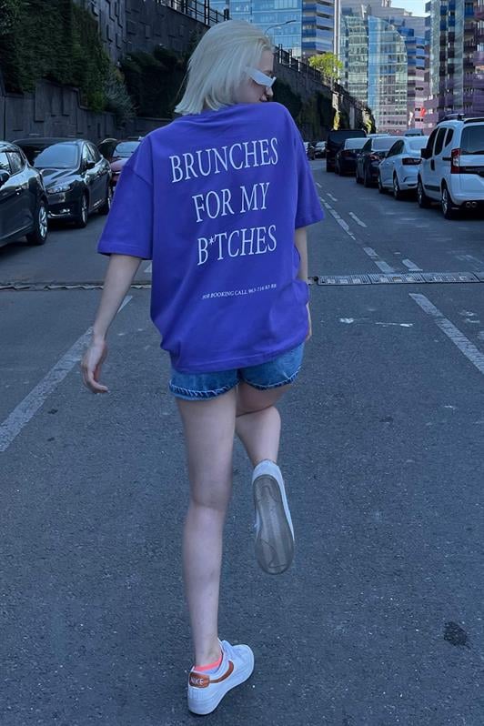 Mor Oversize Sırt Ve Ön Baskılı Bisiklet Yaka Kısa Kollu Kadın Tişört MG2130