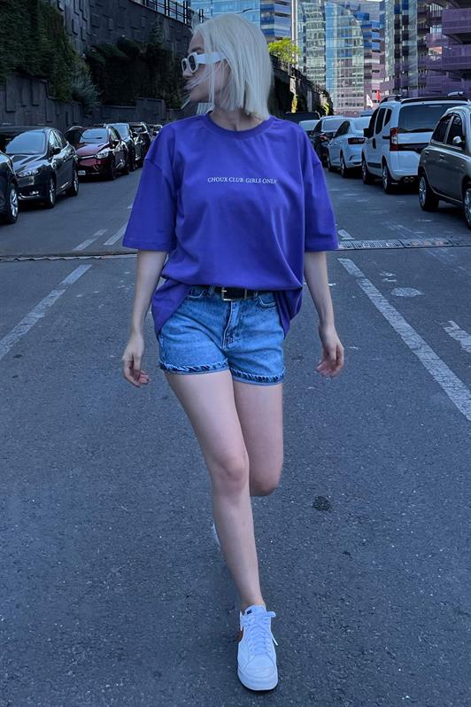 Mor Oversize Sırt Ve Ön Baskılı Bisiklet Yaka Kısa Kollu Kadın Tişört MG2130