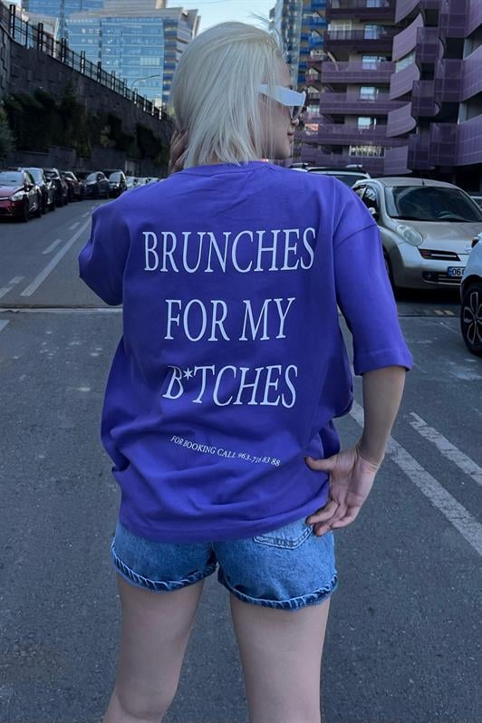 Mor Oversize Sırt Ve Ön Baskılı Bisiklet Yaka Kısa Kollu Kadın Tişört MG2130