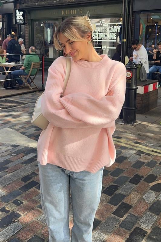 Pembe Bisiklet Yaka Oversize Kadın Triko Kazak MG1972