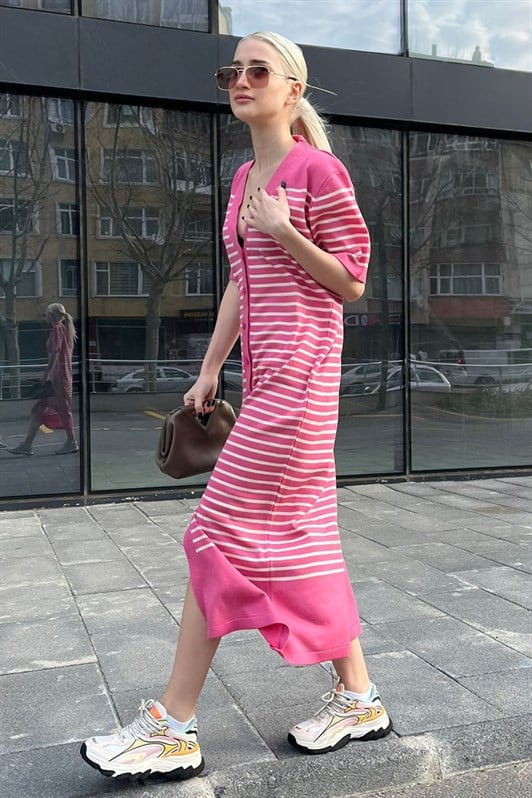 Pembe Düğmeli Triko Kadın Elbise MG1648