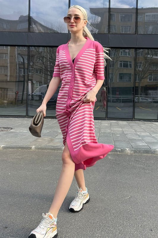 Pembe Düğmeli Triko Kadın Elbise MG1648