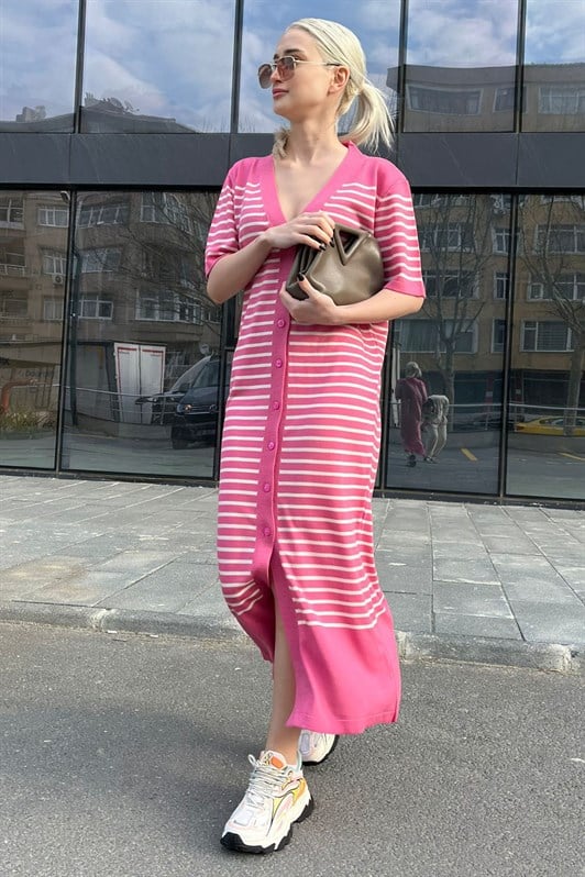 Pembe Düğmeli Triko Kadın Elbise MG1648