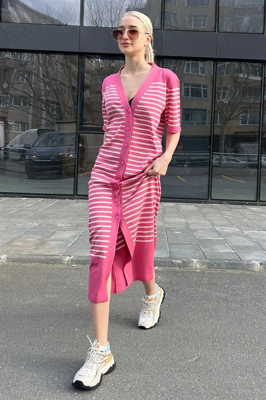 Pembe Düğmeli Triko Kadın Elbise MG1648