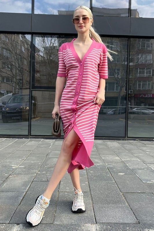 Pembe Düğmeli Triko Kadın Elbise MG1648