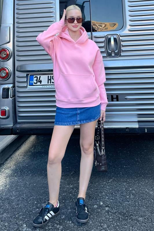 Pembe Kapüşonlu Şardonlu Oversize Cepli Sweatshirt MG2206