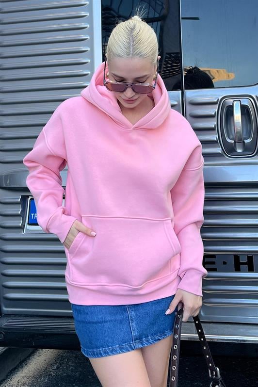 Pembe Kapüşonlu Şardonlu Oversize Cepli Sweatshirt MG2206