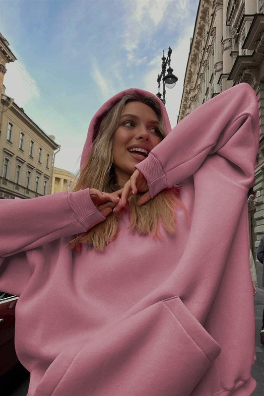 Pembe Kapüşonlu Şardonlu Oversize Sweatshirt MG1566