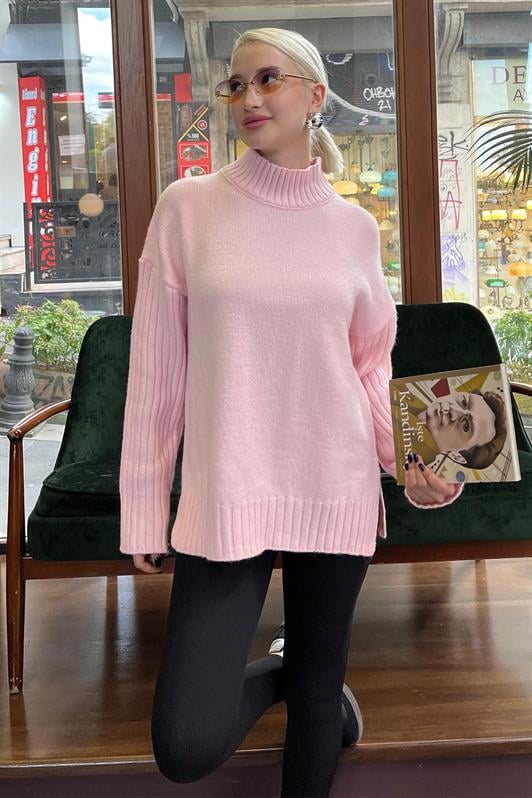 Pembe Yarım Balıkçı Yaka Fitil Detaylı Kadın Kazak MG2156