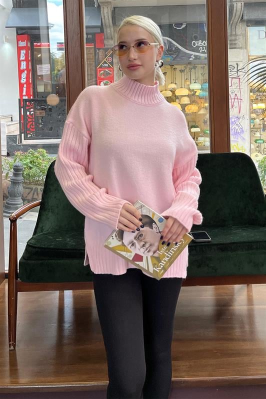 Pembe Yarım Balıkçı Yaka Fitil Detaylı Kadın Kazak MG2156
