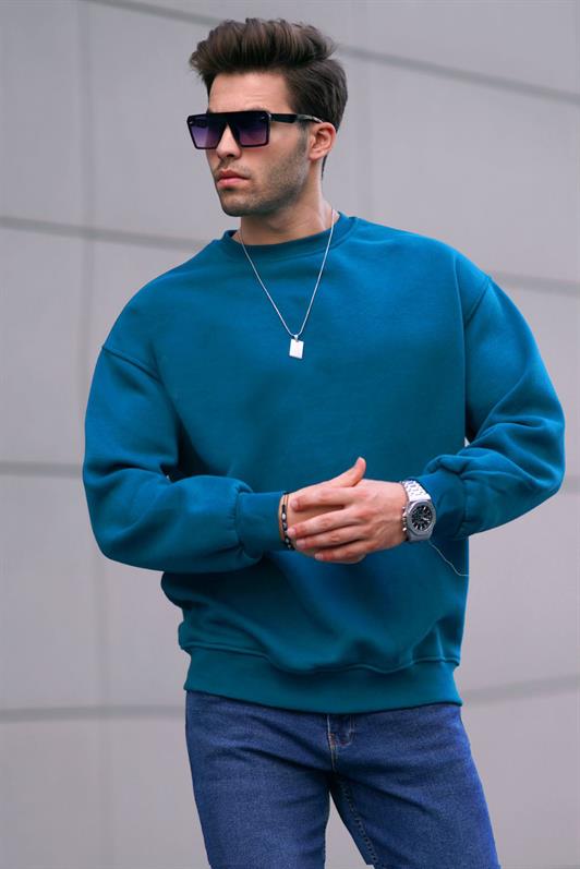 Petrol Mavi Bisiklet Yaka Oversize Şardonlu Basic Erkek Sweatshirt 6048