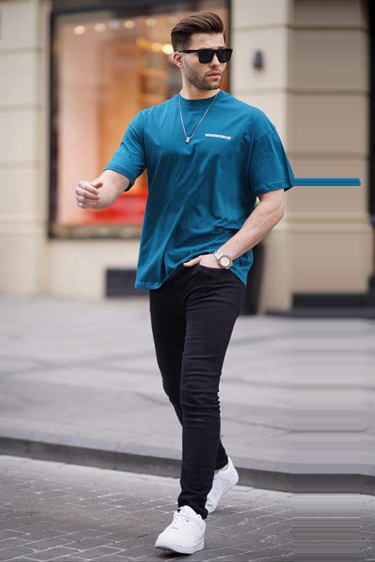 Petrol Mavisi Oversize Baskılı Erkek Tişört 6192