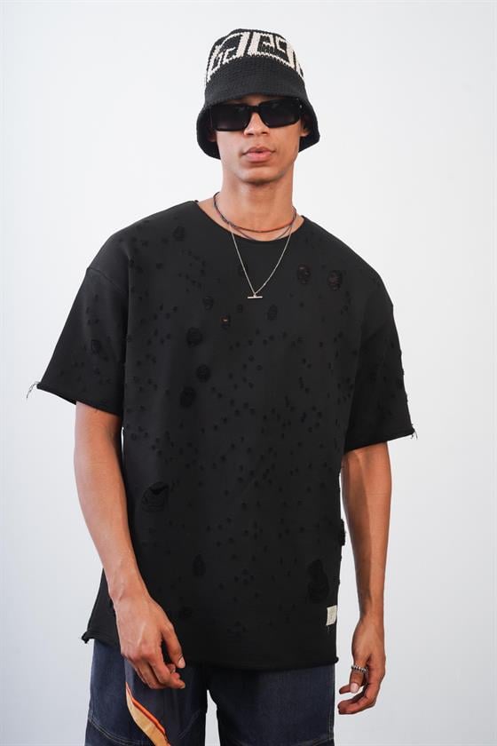 Pis Yaka Oversize Kalıp Yıkamalı Sökük Unisex Tişört