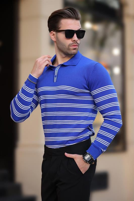 Saks Düğmeli Polo Yaka Çizgili Uzun Kollu Kazak 7270