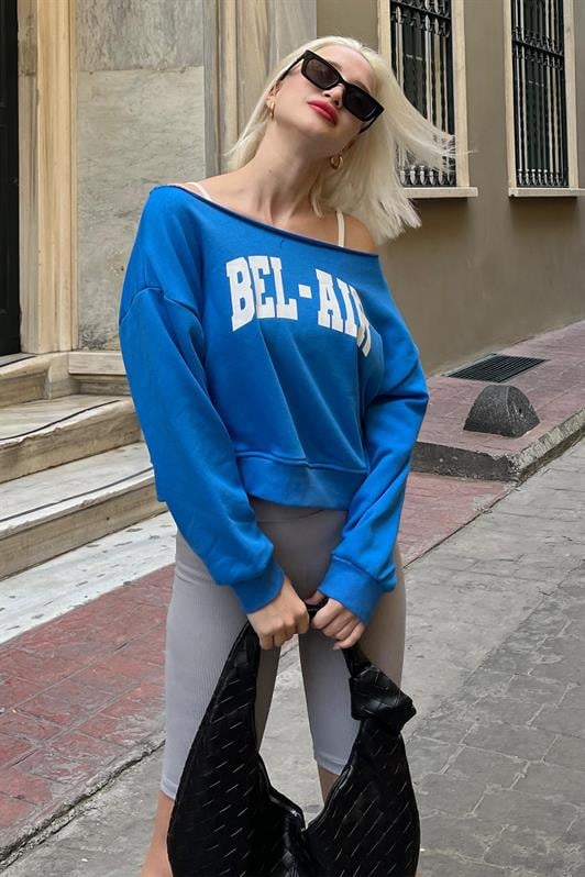 Saks Kayık Yaka Baskılı Kadın Sweatshirt MG2205